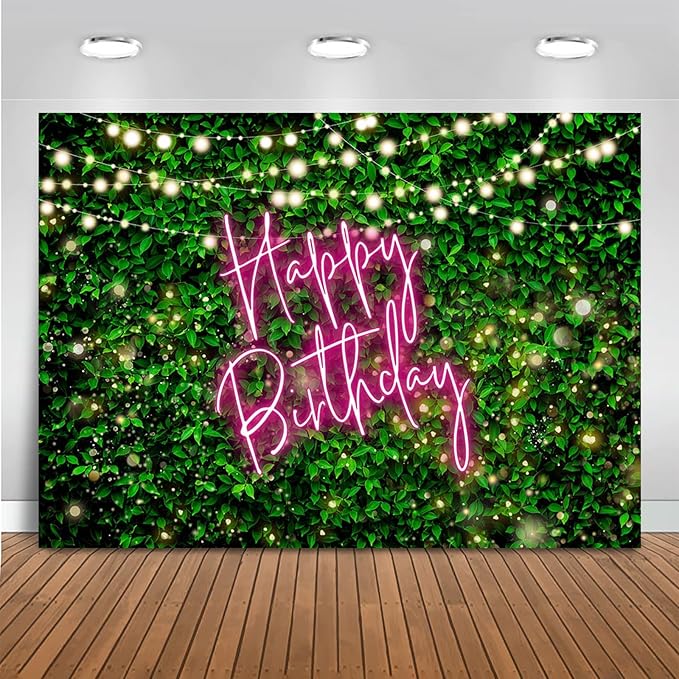 Mocsicka Green Leaves Happy Birthday Backdrop Jungle Safari Party Backdrops Birthday Decorations Nature Green Rustic Lawn Leaves Photography Background Photo Studio Props (Pink, 10x8ft(120x96 inch))