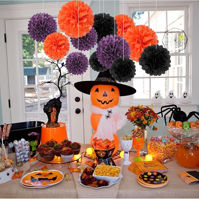 18 PCS Tissue Paper Pom Poms, Tissue Pom Poms Flowers, Sizes of 6", 10", 12", 14" Hanging Paper Flower Ball for Wedding, Birthday, Halloween, Party Decor (Black Orange Purple)