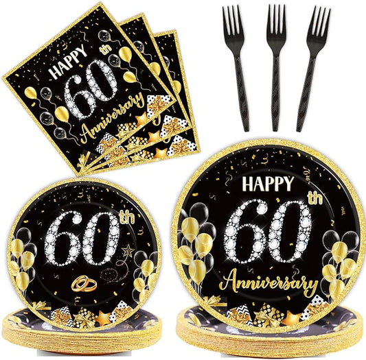 chiazllta 96 Pcs 60th Wedding Anniversary Party Paper Plate and Napkins Supplies Gold Black Disposable Tableware Anniversary Party Paper Plates Napkins Supplies for Party Favors 24 Guests