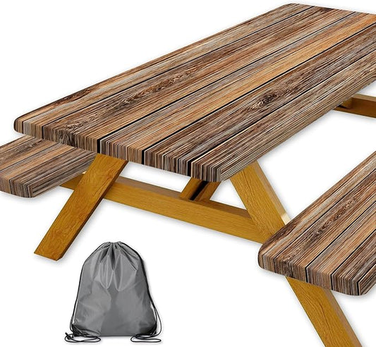Farmhouse Picnic Table Cover with Bench Covers Camping Essentials Brown Wood Grain Waterproof Windproof Camping Tablecloth Fitted Tablecloth Cover with Elastic Edge for Indoor Outdoor 3 PCS 30x60 Inch