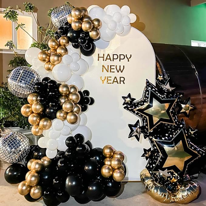 YAOWKY Black and Gold Balloons Arch Garland Kit,124pcs 18 12 10 5 Inch Black White and Gold Black Confetti Balloons for New Years Eve Party, Graduation, Birthday, Wedding, Baby Shower Decorations