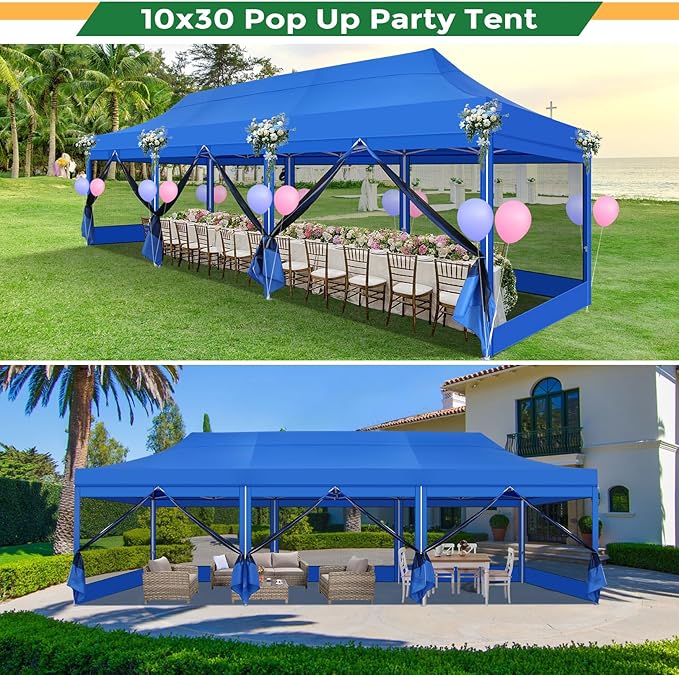 COBIZI 10x30 Heavy Duty Pop Up Canopy with 8 Mosquito Netting Wall, Easy Set Up Commercial Gazebo Party Tent, Outdoor Instant Screen Canopy for Backyard, Patio, Garden, Blue