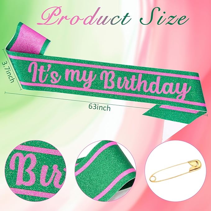 Pink Green Birthday Sash for Girls, Witch Themed Sash with Glitter Foil for Girl Happy Funny Accessories for Women Party Favors Supplies