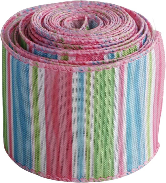 Meseey 2.5 Inch x 10 Yards Pastel Striped Wired Ribbon, Spring Rainbow Striped Wired Edge Ribbon for Easter Wreaths, Gift Wrapping, Easter Baskets, Crafts, Spring Party Decorations