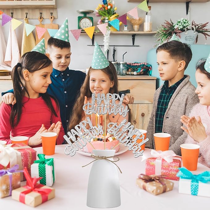 Glitter Silver Birthday Centerpiece Sticks 12PCS Happy Birthday Party Table Decorations Double Sided Birthday Party Centerpieces for Cheers to Birthday Anniversary Baby Shower Supplies