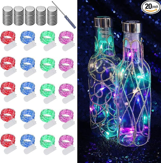20 Pack Multi Color Led Fairy Lights Battery Operated String Lights Waterproof Silver Wire 7 Feet 20 Led Firefly Starry Moon Lights for DIY Wedding Party Bedroom Patio Christmas Mason Jar Easter Decor