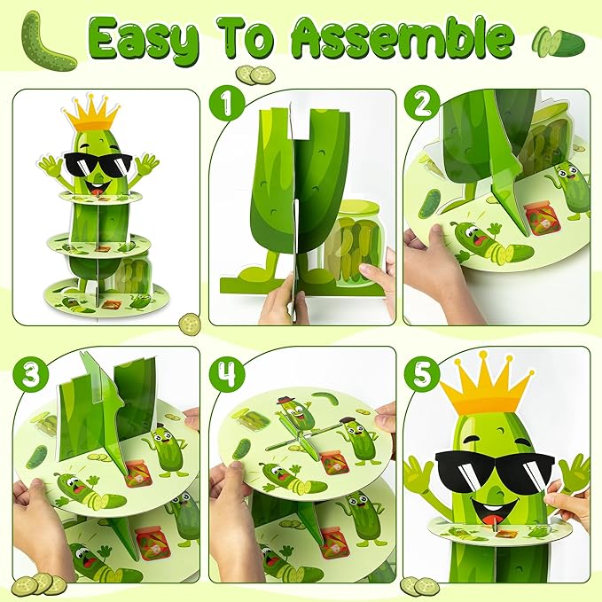 Haooryx Pickle Party Cake Stand - 3 Tier Green Cucumber Cupcake Tower Cardboard Dessert Table Holder Pastry Platter Kid Pickle Birthday Decorations Summer Baby Shower Cake Pop Display Stand Decorating