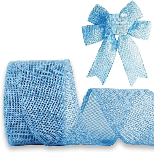 Blue Burlap Ribbon 1-1/2 inch X 10 Yard Natural Burlap Woven Wired Ribbons DIY Handmade Edging Production Wreath Holiday Decoration Ribbon Gift Wrapping Light Blue Ribbons