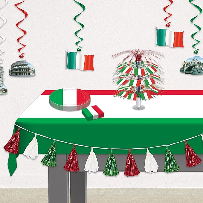 Beistle International Tablecovers, 54” x 108”, 2 Pieces – Plastic Table Cloth, Rectangular Tablecloth, Italian Decorations, Mexican Tablecloth, Cinco De Mayo Decorations,Red/White/Green