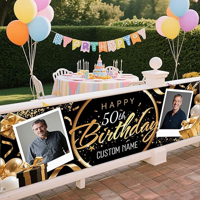 Dicodes Personalized Happy Birthday Banner with Name Custom Photos Birthday Photography Background Decorations Party Supplies for Women Men (Black and Gold-2 Photo)