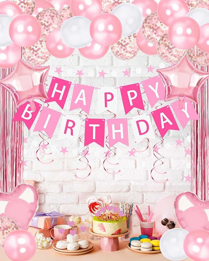 Lutoys Pink Happy Birthday Party Decorations, Happy Birthday Banner, Pink Foil Heart Star Confetti Balloons Curtain Backdrop Hanging Swirls Butterfly Party Decor for Girls Women Princess