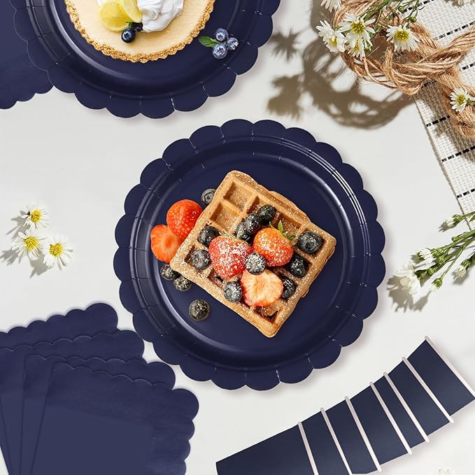 Navy Blue Scalloped Party Plates Set, 120-Piece Disposable Dinnerware for 40 Guests, 7-inch Decorative Edge Plates, Cups & Napkins for Corporate Event, Mens Birthday, BBQ