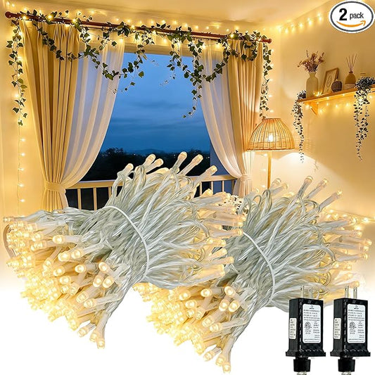 Connectable 2Pack 200LED String Lights Indoor Outdoor Clear Wire | 66FT 13Modes Warm White Christmas String Light for Bedroom, Twinkle Fairy Lights Plug in with Timer for Wedding Tree Spring Decor
