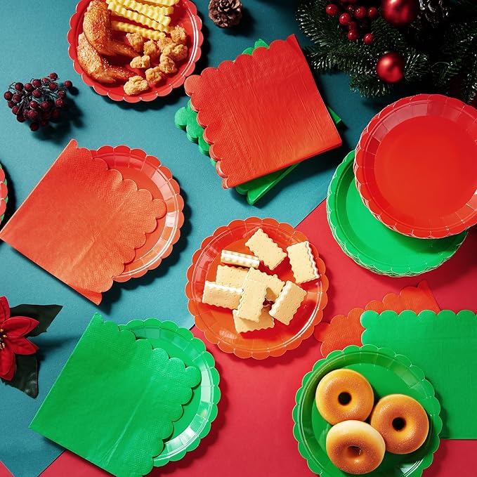 120 Pcs Christmas Paper Plates and Napkins Party Supplies Bulk Disposable 7 Inch Scalloped Plates Cocktail Napkins for Xmas Holiday Wedding Birthday Decoration, Serve 60 Guests(Red and Green)
