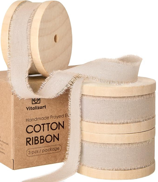 Vitalizart Nude Cotton Ribbon Handmade Fringe 5/8" x 21 Yd Light Brown Pure Natural Cotton Ribbons for Gift Wrapping Wedding Invites Bridal Shower Bouquets Holiday Decor