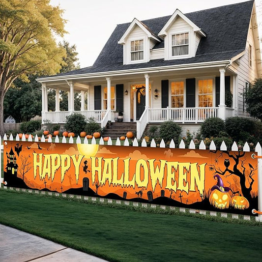 Katchon, Happy Halloween Banners For Outside-120x20 Inch Orange And Black Yard Sign | Halloween Decorations Outdoor Banner | Summerween Party Decorations | Happy halloween Banner
