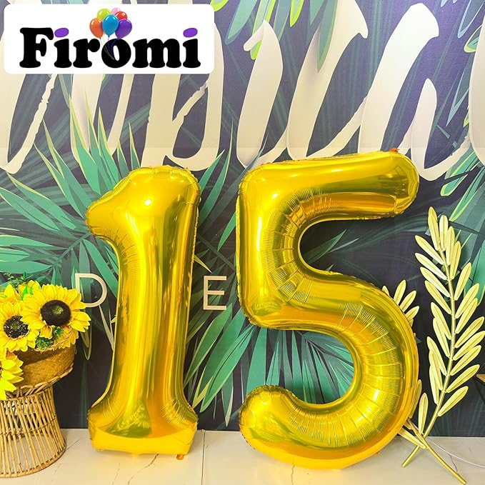 FIROMI 15 Number Balloons Gold Big Giant Jumbo Huge Foil Mylar 15 Balloon Numbers for 15th Birthday Party Anniversary Events Decorations 40-inches