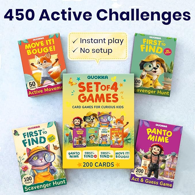 QUOKKA Kids Card Game Set Ages 4–8 – 4 Games in 1 Box with 450 Tasks, Scavenger Hunt, Charades, and Animal Movement Games for Indoor & Outdoor Family, Home & Classroom Play
