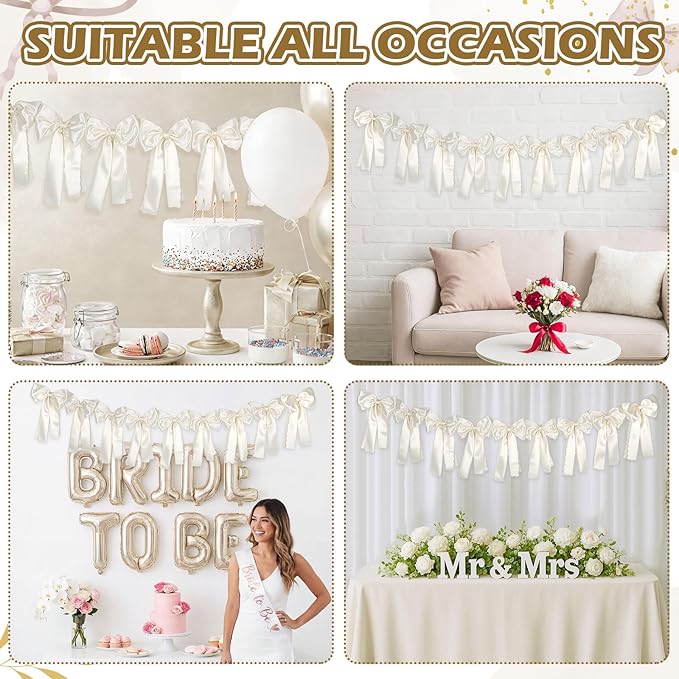 VitalCozy White Bow Garland Decor for Coquette Party Decorations, Pre-Strung Satin Ribbon Birthday Party Garland Bow Banner for Bridal Shower Bachelorette Wedding Birthday Engagement Supplies