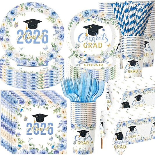 Funnymoom 452 Pcs Light Blue Floral Graduation Decoration for 50 Guests, Class of 2026 Blue Gold Graduation Paper Plates Napkins Cups Tablecloth Cutlery Straws for 2026 Congrats Grad Party Supplies