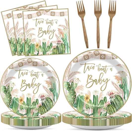 96Pcs Taco Baby Shower Party Supplies Taco Bout A Baby Paper Plates Napkins Cactus Baby Shower Party Decorations Gender Reveal Dinnerware Party Favor Taco Baby Shower Tableware Serves 24