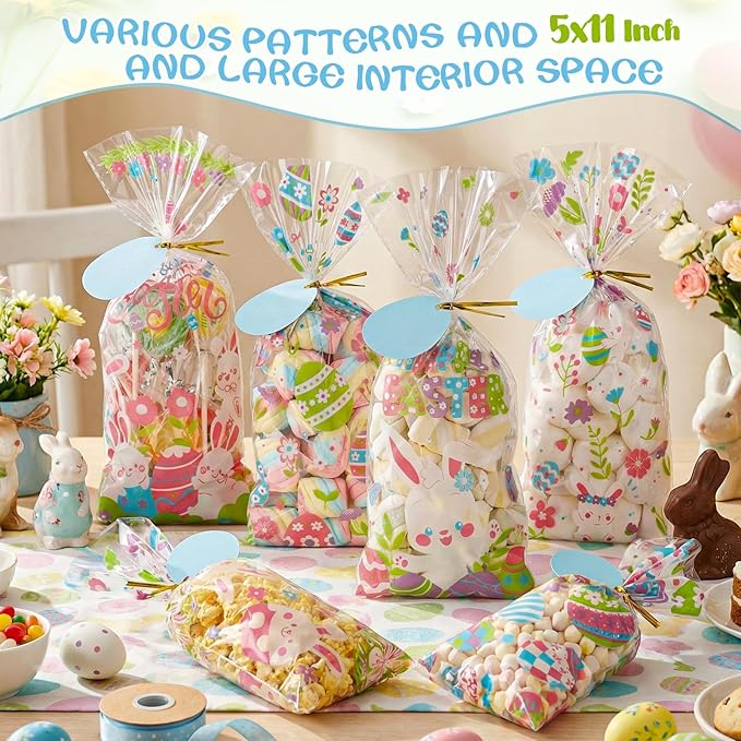 woric 100PCS Easter Cellophane Treat Bags with Gift Tags Easter Bunny Candy Bags Clear Egg Goodie Bag with 100 Twist Ties for Spring Party Favor Supplies