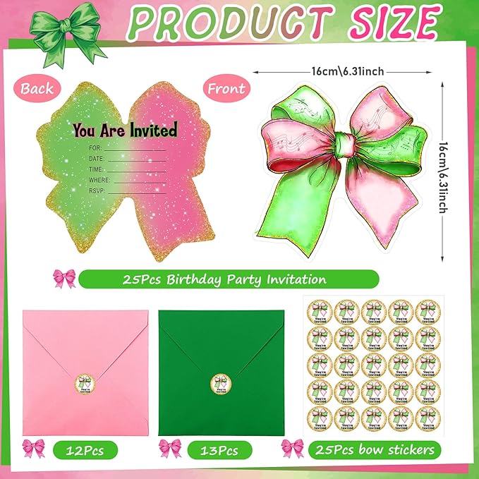 Marspark 25 Set Witch Theme Party Favors Green and Pink Bow Invitations with Stickers Envelope Witch Birthday Party Decorations Wizard Magical Theme Holiday Supplies, 5 x 6 Inch
