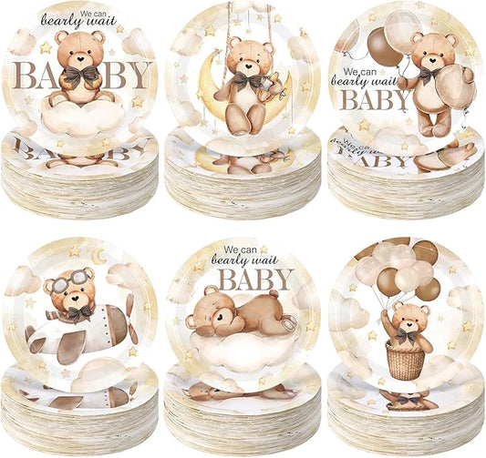 Funnymoom 60 Pcs Bear Baby Shower Decorations 7 Inch Brown Bear Paper Plates We Can Wait Party Supplies Gender Reveal Plates for Brown Baby Shower Birthday Party