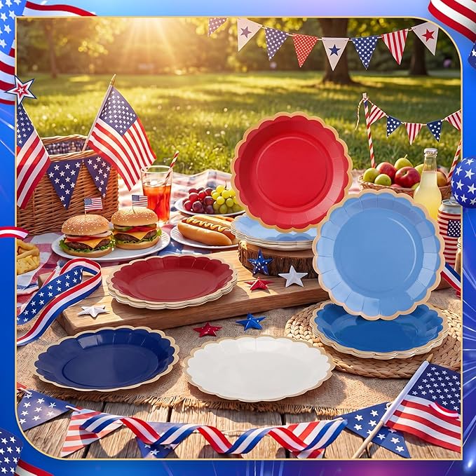 48 Pcs 4th of July Paper Plates 9 Inch red white and blue Scalloped Paper Disposable Dinner Dessert Plates for Birthday Wedding Bridal Party Supplies, 6 Colors