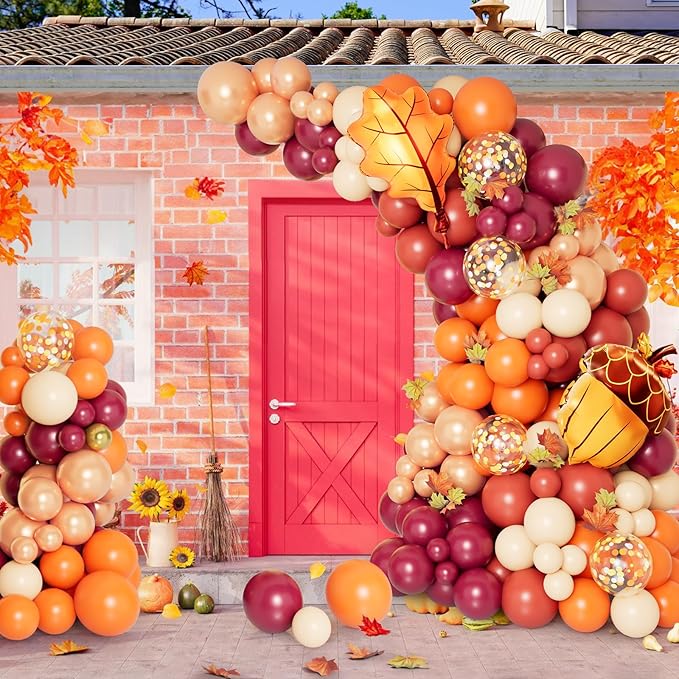 DBKL 138pcs Fall Balloon Garland Arch Kit with Orange Dusty Pink Wine Red Rose Gold Confetti Balloons Maple Leaf Pine Cones Foil Balloons for Thanksgiving Autumn Fall Birthday Shower Party Decorations