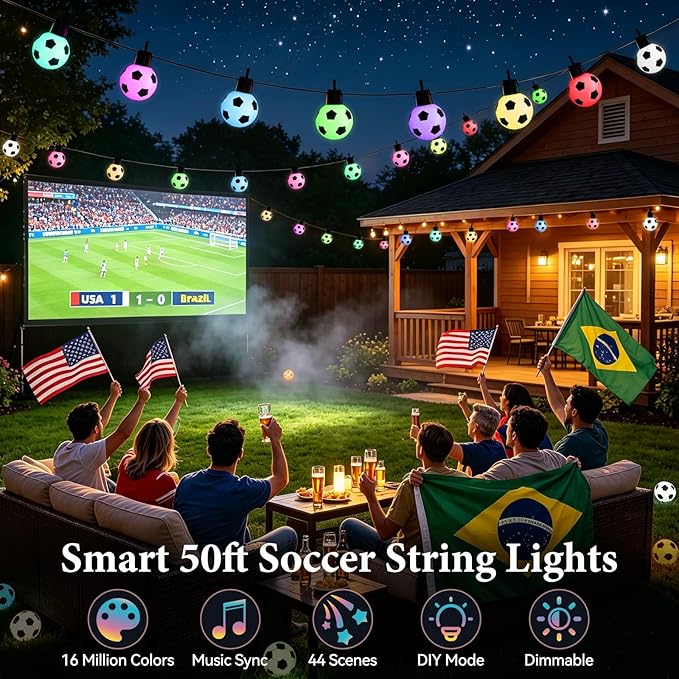 2026 World Cup 50 FT Smart Outdoor String Lights Waterproof, Patio Lights Outdoor Waterproof with 15 RGBW LED Bulbs, 16 Million Colors with App & Remote Control