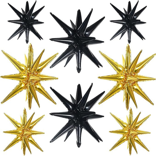 TONIFUL 8 Pcs Black Gold Star Foil Balloons Large Explosion Star Mylar Decorations for Party Backdrop Christmas New Year Birthday Wedding Baby Shower Anniversary Photo Booth Supplies