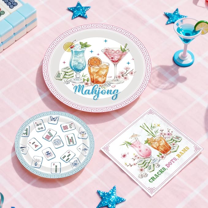Mahjong Birthday Party Supplies - 96 Pcs Mahj Disposable Paper Dessert Plates Napkins Forks Tableware Decor Cocktail Mah Jong Table Decorations Accessories for Game Night Holiday Serves 24