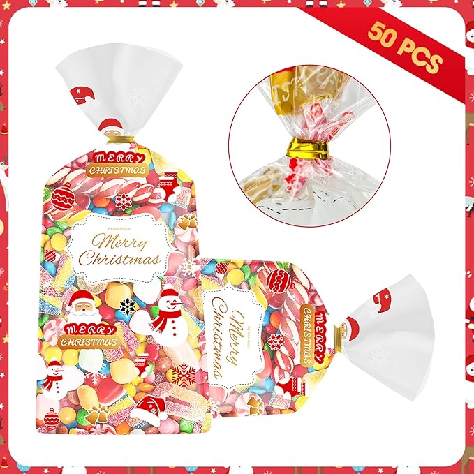 50 Pcs Christmas Treat Bags - Merry Christmas Gift Bags Bulk, Plastic Santa Claus Snowman Christma Cellophane Cello Candy Cookie Goodie Bag with Twist Ties for Winter Xmas Christmass Party Favors