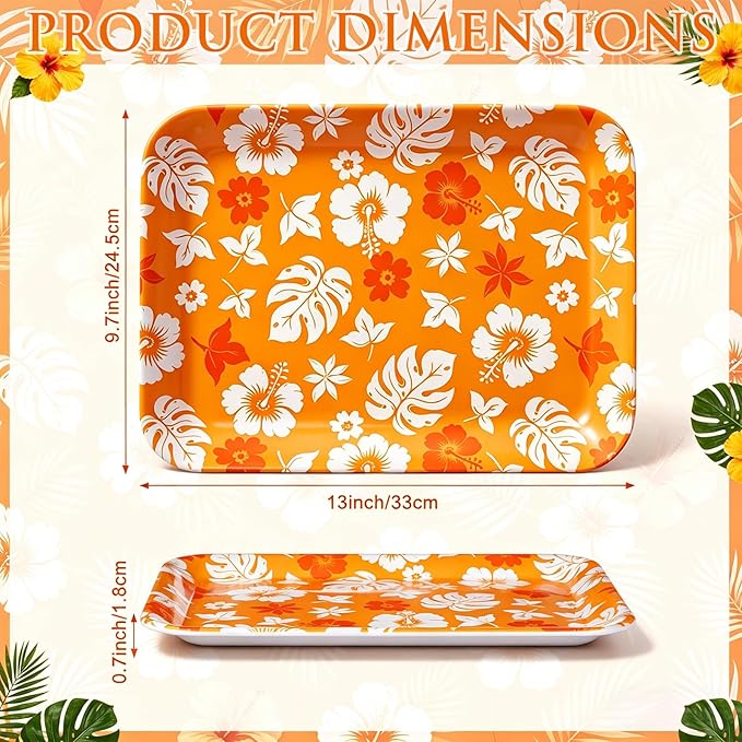 4 Pieces Tropical Serving Trays Hibiscus Floral Melamine Platters Reusable Rectangle Party Trays for Summer Hawaiian Luau Party Food Dessert Serving Supplies, 13 x 9.7 inch