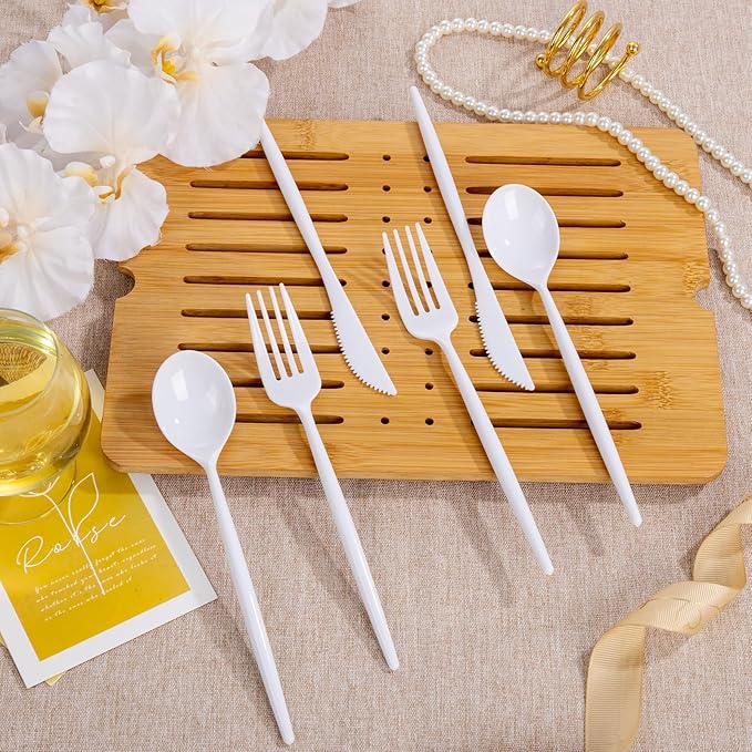 Supernal 360PCS White Plastic Silverware Set - Heavy Duty Disposable Utensils (120 Forks, 120 Knives, 120 Spoons) - Elegant Plastic Cutlery for Weddings, Catering, Party & Daily Dining