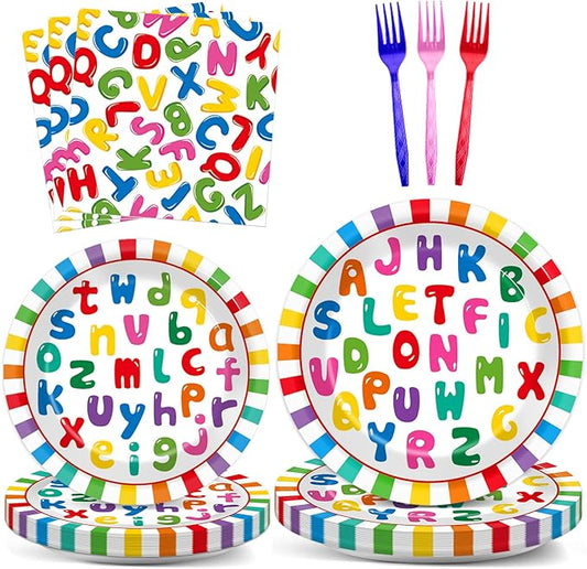 OBUSATT 96Pcs Alphabet Party Supplies ABC Birthday Paper Plates Napkins ABC Back to Party Decorations Early Dinnerware Tableware Favor Serves 24