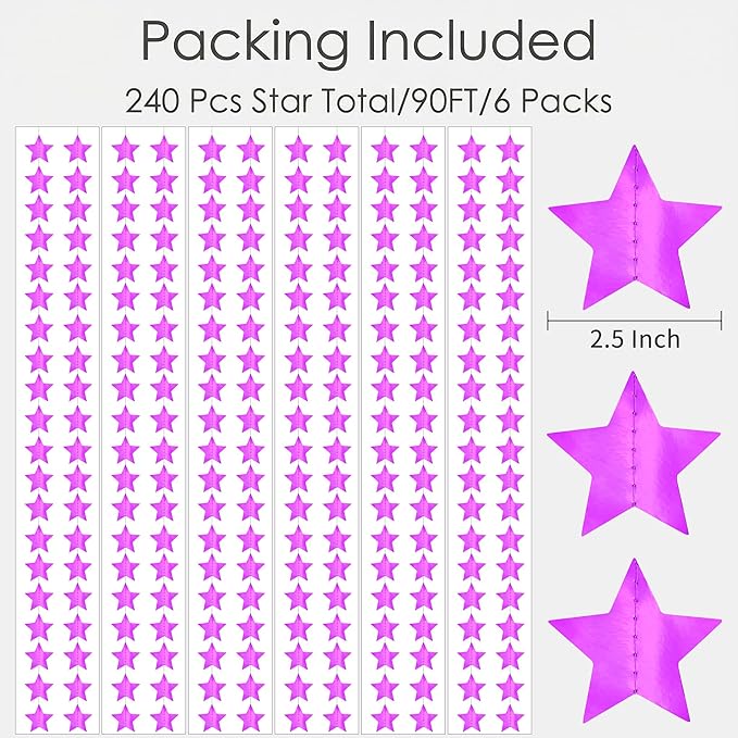 Metallic Purple Iridescent-Star-Garland 90FT – 240 Pcs Sparkling Star Streamers – Hanging Glitter Star Banner Backdrop for Birthday, Baby Shower, Wedding, Christmas Party Decorations (6 Packs)