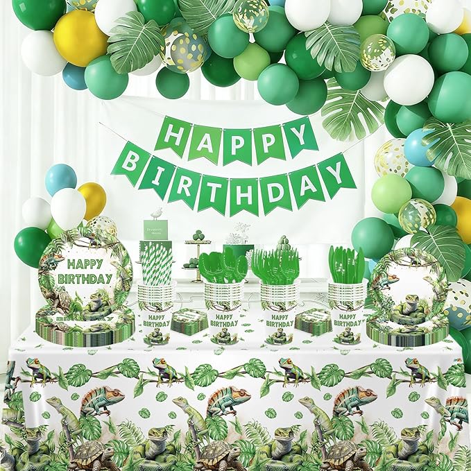 MEHOFOND Reptile Birthday Party Decorations - Happy Birthday Reptile Snake Plates and Napkins - Snake Turtle Palm Leaf Jungle Paper Plates Cups with Tablecloths, Reptile Bday Party Supplies, Serve 24