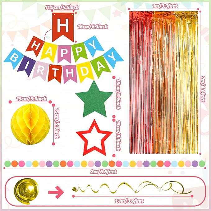ZERODECO Birthday Decorations, Happy Birthday Banner with Paper Honeycomb, Star Hanging Swirl, Fringe Curtain, Garland, Party Decorations for Women Men Boys Girls (Multicolored)