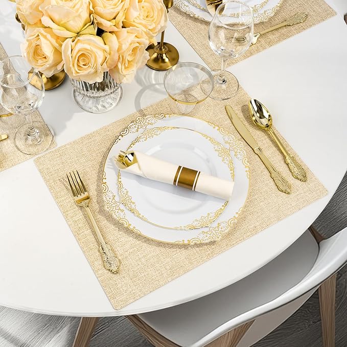 Bestluck 175PCS Gold Plastic Plates for 25 Guests, Disposable Dinnerware Sets Include 50 Gold Rim Plastic Plates, 25 Silverwares, 25 Cups, and 25 Pre Rolled Napkins for Party, Wedding and Graduation