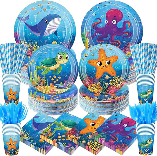 450 Pcs Under the Sea Tableware Set Party Decorations Ocean Birthday Paper Plates Napkins Cups Cutlery Straws for Sea Animal Theme Underwater Creatures Beach Party Supplies, Serves 50