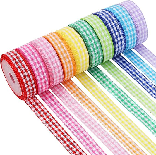 TONIFUL 3/8 Inch Gingham Ribbon 10 Colors 50 Yards Plaid Checkered Ribbons for Spring, Easter, Crafts, Gift Wrapping, Bouquet, Wedding Invitation, Bows, Baby Shower, Birthday Decoration (5Yd/Roll