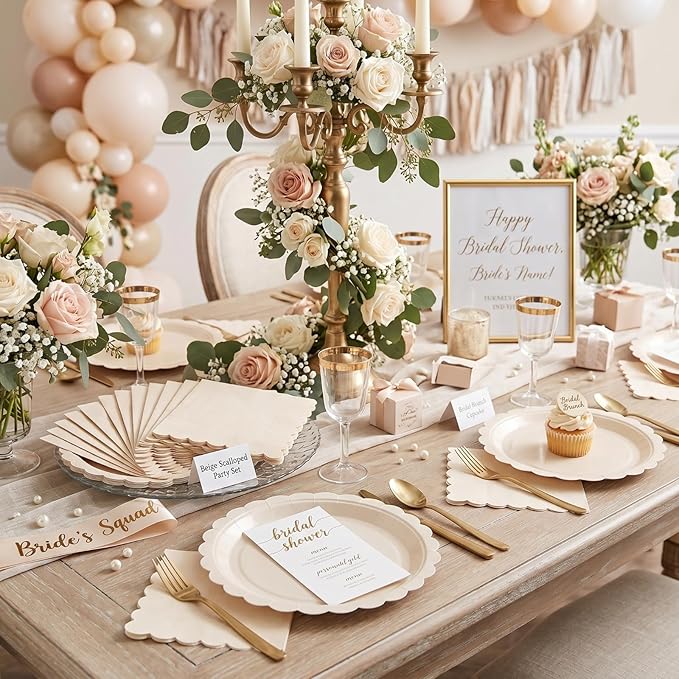 120 Pcs Ivory Paper Plates and Napkins Party Supplies, 7 Inch Cream Plates Scalloped Disposable Tableware for Bridal Baby Shower Wedding Birthday Party Decorations, Serve 60 Guests