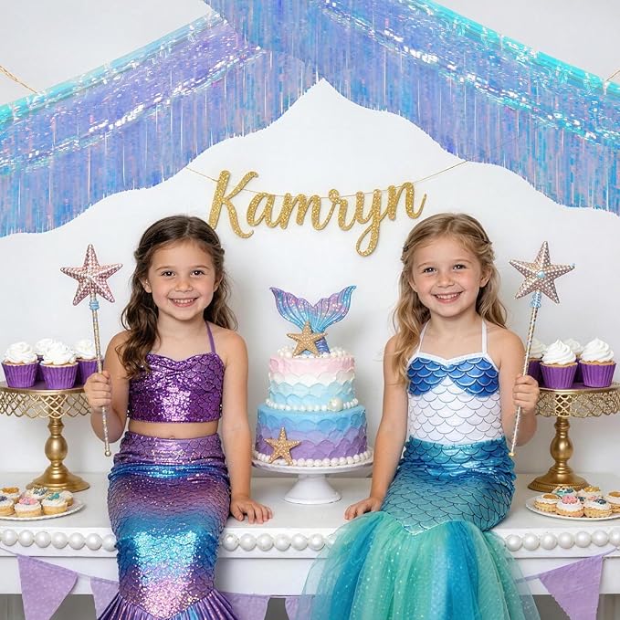 LOLStar 6 Pack Iridescent Blue Tinsel Foil Fringe Garland Birthday Party Decorations, 59Ft Tinsel Streamers Banner, Glitter Photo Booth Prop Table Skirt for Mermaid Frozen Sea Euphoria Party Decor