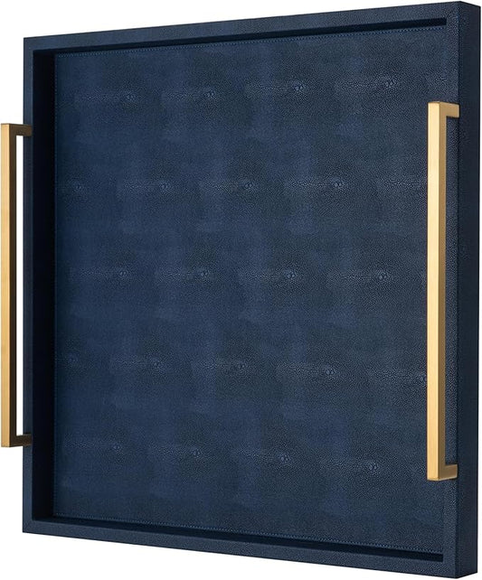 Large Navy Blue Decorative Tray for Ottoman,Stylish Rectangle Coffee Table Tray with Handles,Versatile Serving Tray for Living Room and Home Decor