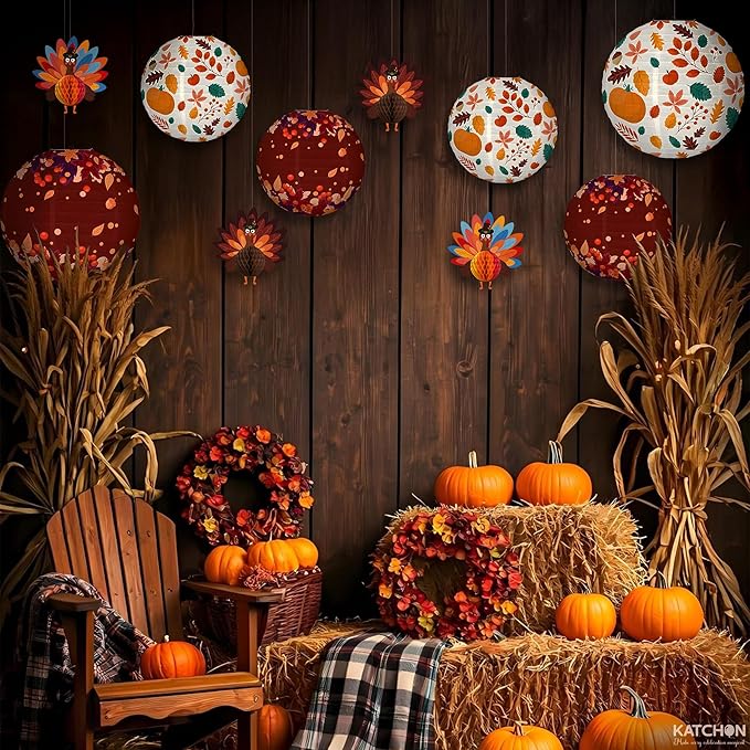 KatchOn, Thanksgiving Hanging Decorations - Huge Pack of 10 | Paper Lanterns and Turkey Decorations | Hanging Thanksgiving Decorations | Friendsgiving Party Decorations, Fall Decor, Harvest Decoration