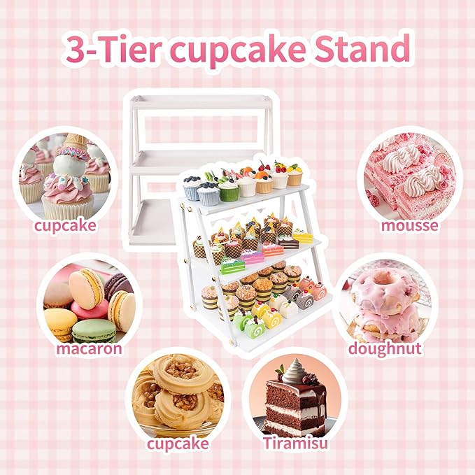 WWN Stainless Steel 3 Tier Cupcake Stand with Pink Coating - Elegant Dessert Tower- Cookie Tray Rack- Tea Party Serving Platter- Easy Assembly Pink Cake Stand for Wedding Baby Shower (crisp white)