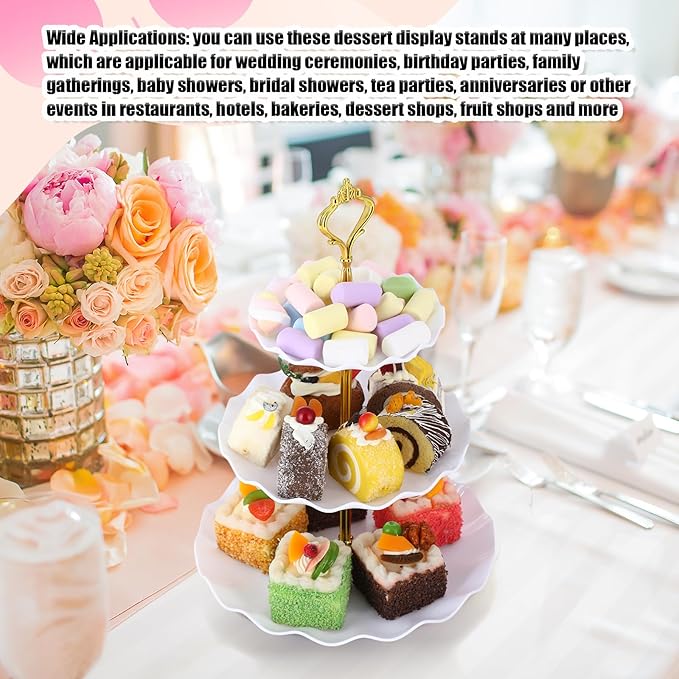 Patelai 8 Packs 3 Tier Cupcake Stand Holder Plastic Cake Serving Display Stand Tower Donuts Cookie Dessert Tray Holder Wave Shape with Gold Rod for Wedding Birthday Baby Shower Tea Party(White)