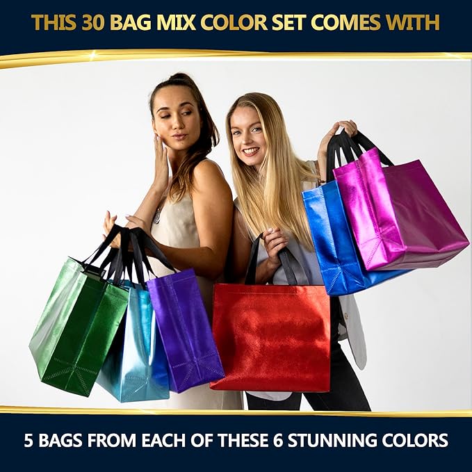 Nush Nush Mix Color Large Gift Bags Bulk– Set of 30 Reusable Gift Bags With Handles with 6 Glossy Vibrant Colors - Perfect Large Goodie Bag for Small Business, Birthday, Christmas, Events – 13x5x11